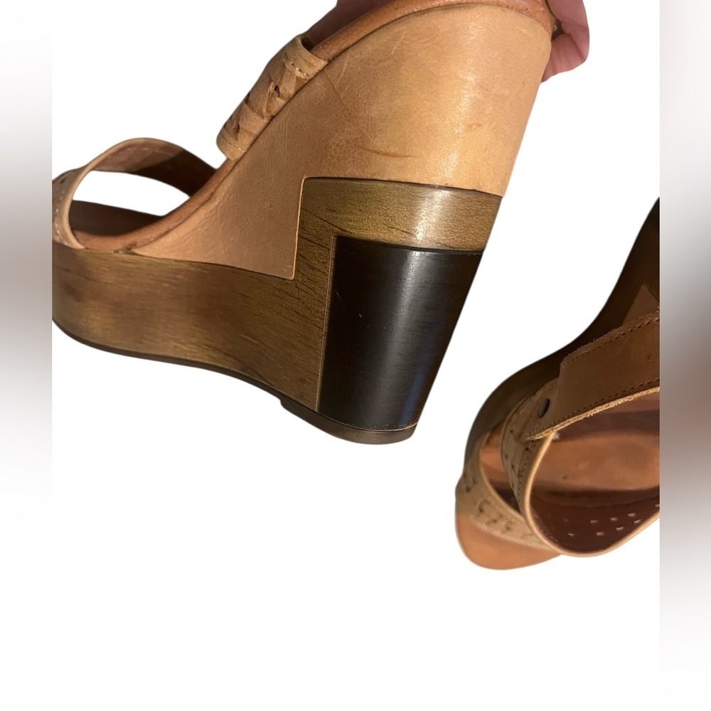 Musse & Cloud Platform Wedge Heel Tan leather Colorblock Sandals Sz 38 US 7/7.5 - Picture 9 of 11